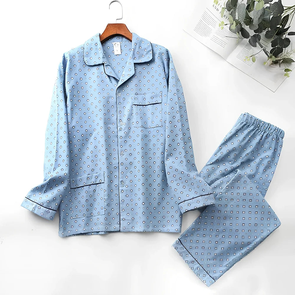 Men's brushed cotton long-sleeved lapel pajama set in blue grid pattern, size M with 72 cm top and 100 cm trousers