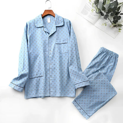Men's brushed cotton long-sleeved lapel pajama set in blue grid pattern, size M with 72 cm top and 100 cm trousers
