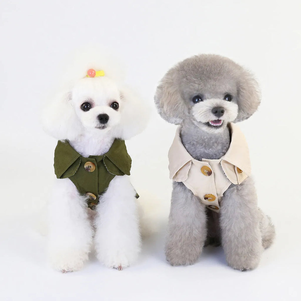 Pet dog coat in khaki polyester two-legged style side view with back length measurement visible