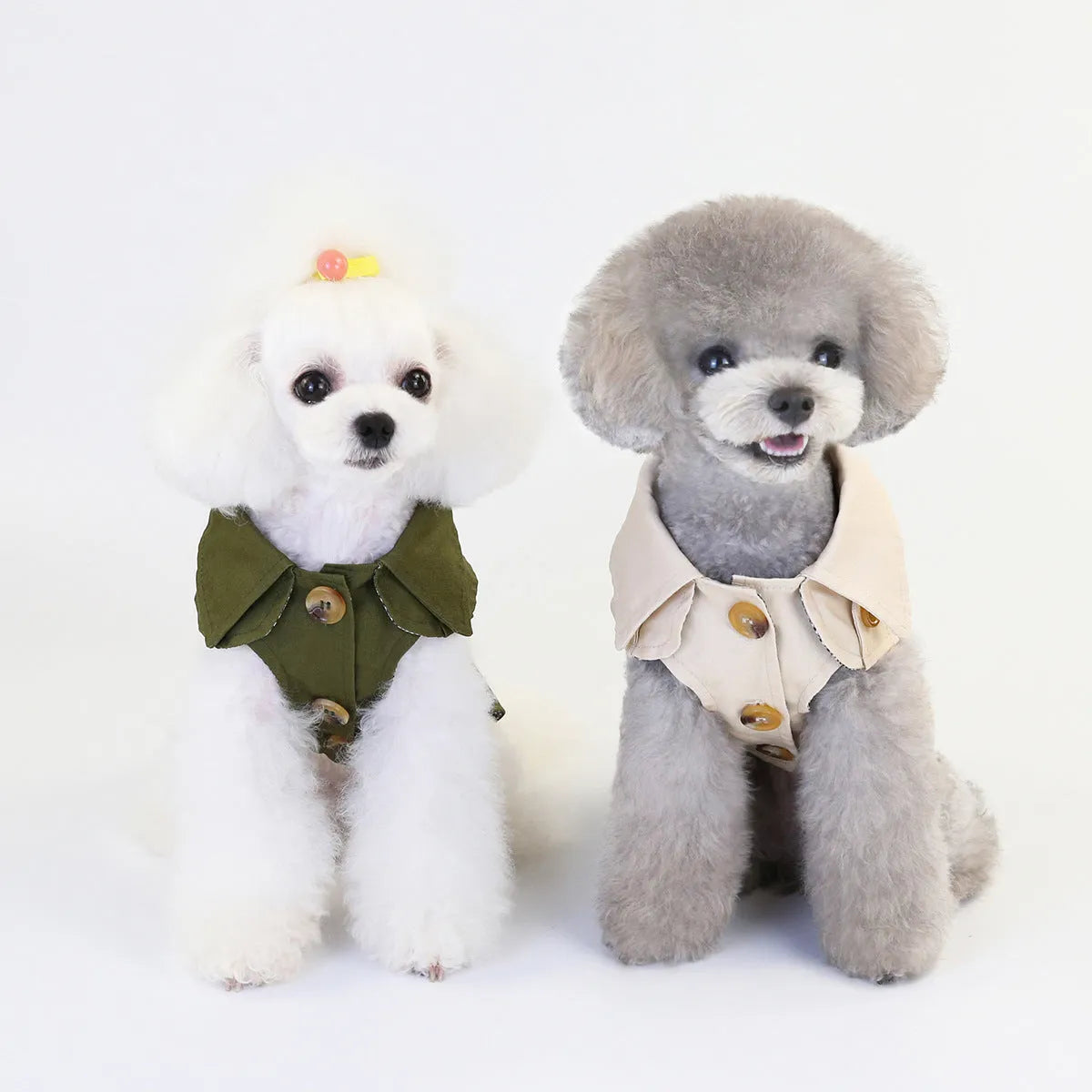 Pet dog coat in khaki polyester two-legged style side view with back length measurement visible