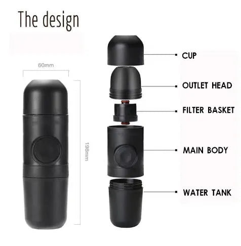 Black portable manual espresso maker showing compact 17.5cm height and 6cm diameter.