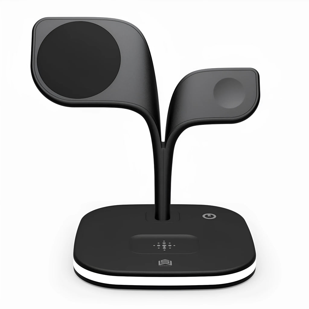 Black 3-in-1 desktop wireless charger stand showing phone, headphones, and watch on their respective charging pads.