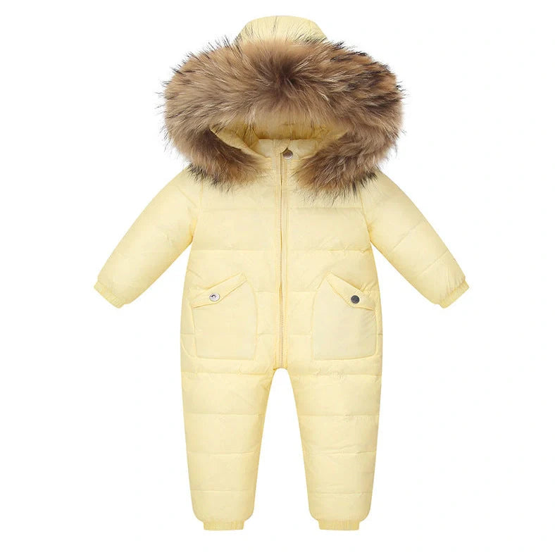 Baby wearing white duck down jacket with hood in yellow colour, suitable for 90-120cm heights