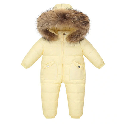 Baby wearing white duck down jacket with hood in yellow colour, suitable for 90-120cm heights