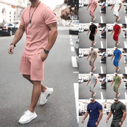 Pink short sleeve T-shirt and shorts two-piece set, sizes S-XXXL, general thickness for sports leisure