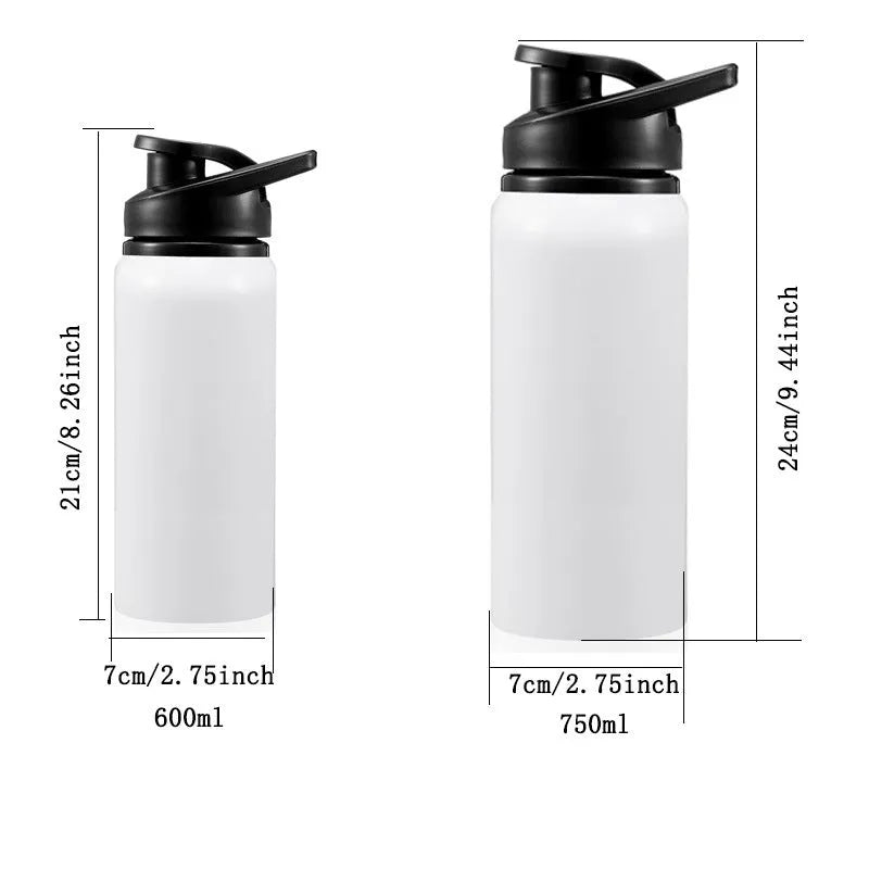 White aluminium sports water bottle with 600ml and 750ml capacity options for cycling and outdoor use