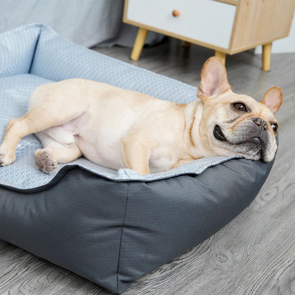 Soft grey dog bed with raised edges and a removable plush cover, shown in medium size.