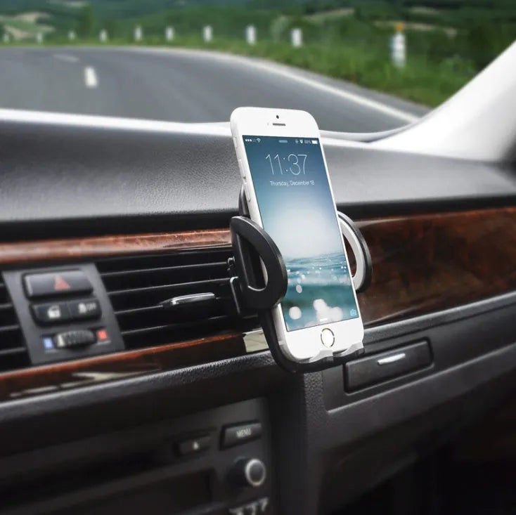 Black universal car air vent mobile phone holder with adjustable plastic clip mount
