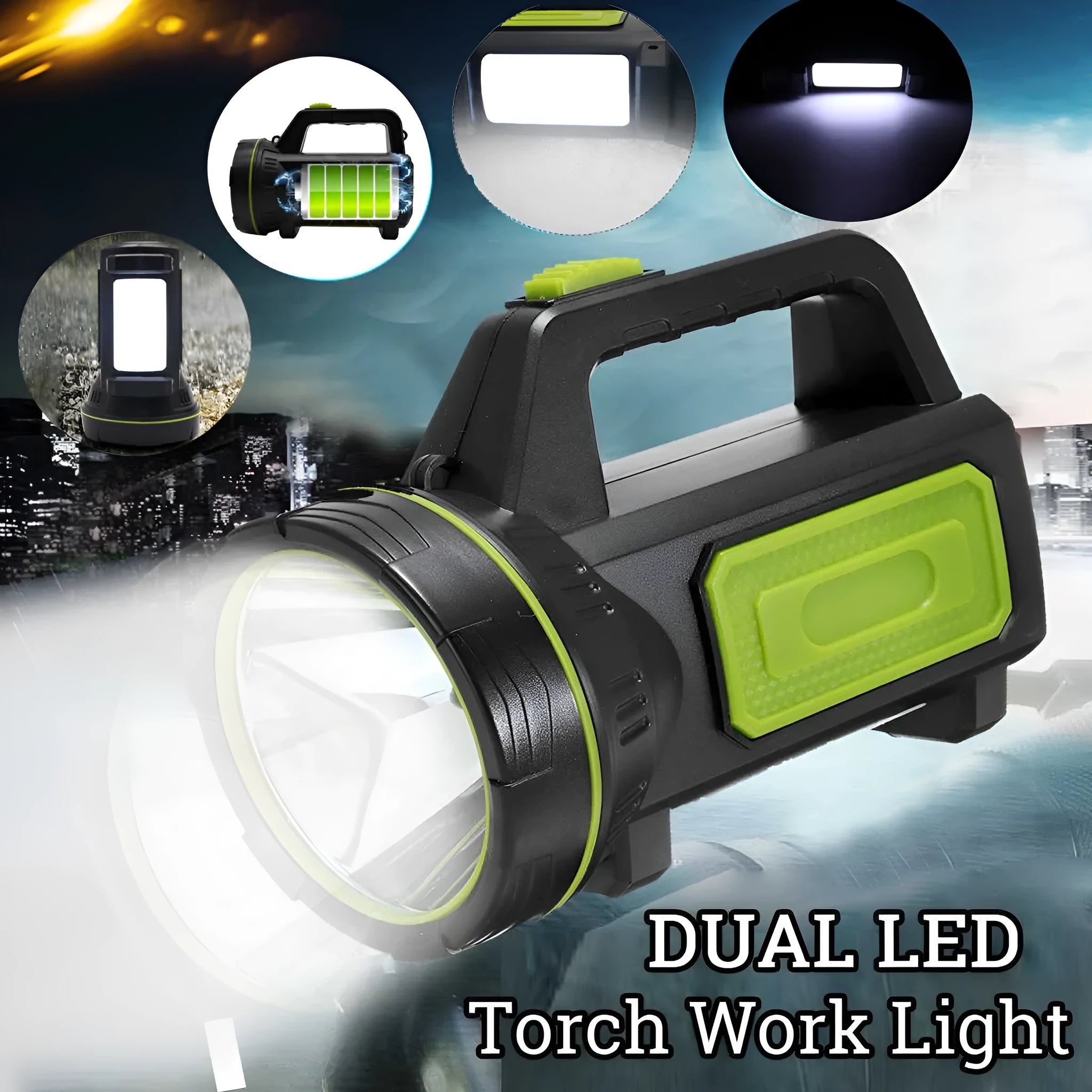 Green USB rechargeable LED flashlight with 500 metre beam range shown as both handheld and table light