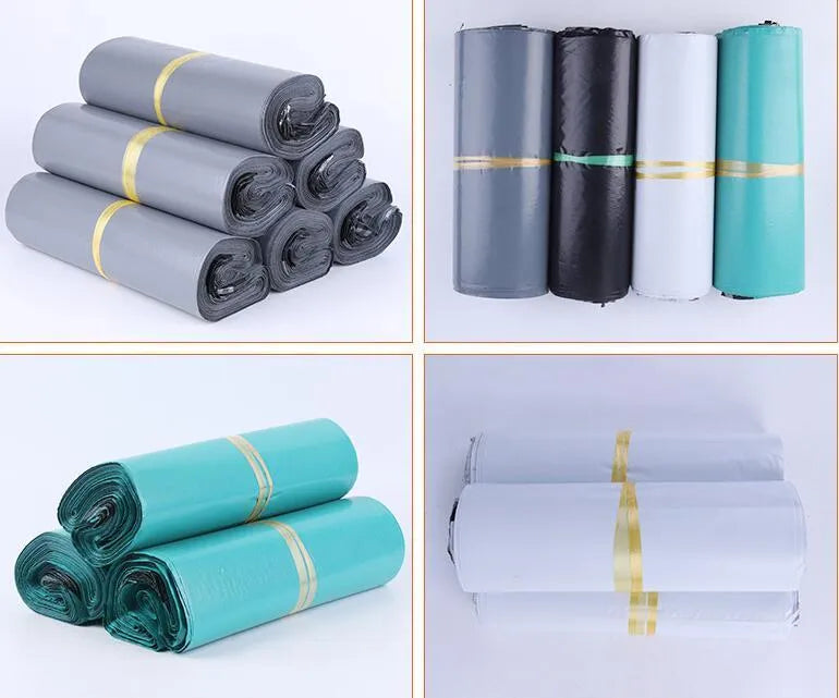 Bundle of 100 clear plastic courier clothing bags in multiple sizes with adhesive closure stickers.