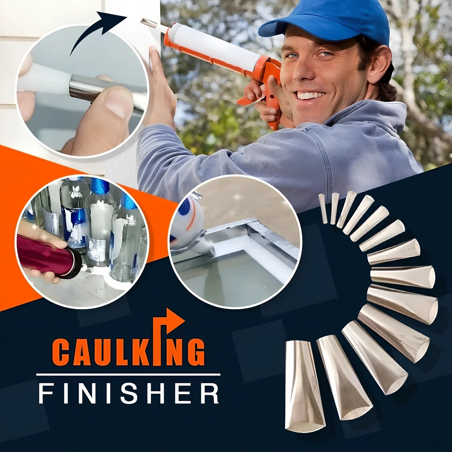 Stainless steel caulking nozzle applicator tool with 14 nozzles sized 5mm to 35mm for precise gap sealing