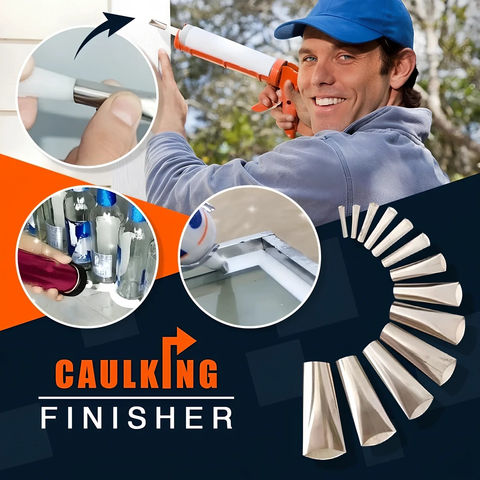 Stainless steel caulking nozzle applicator tool with 14 nozzles sized 5mm to 35mm for precise gap sealing