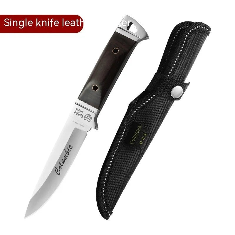 Camping multifunctional portable fruit knife with stainless steel blade and brown leather case.