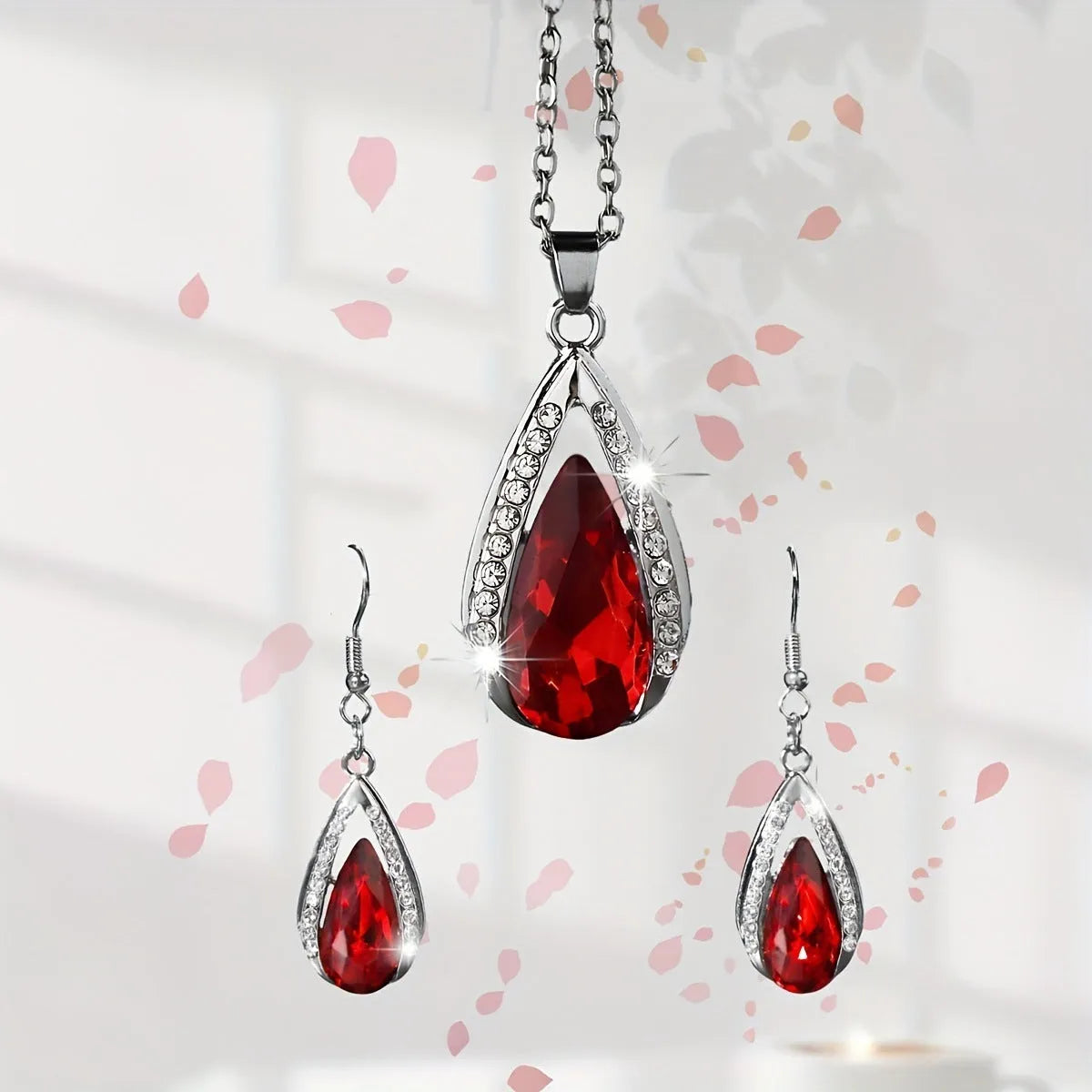 Black and red teardrop glass pendant alloy necklace and earrings jewellery set