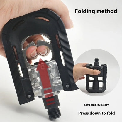 Aluminium alloy folding bike pedals showing extended and folded positions with colour pairing options