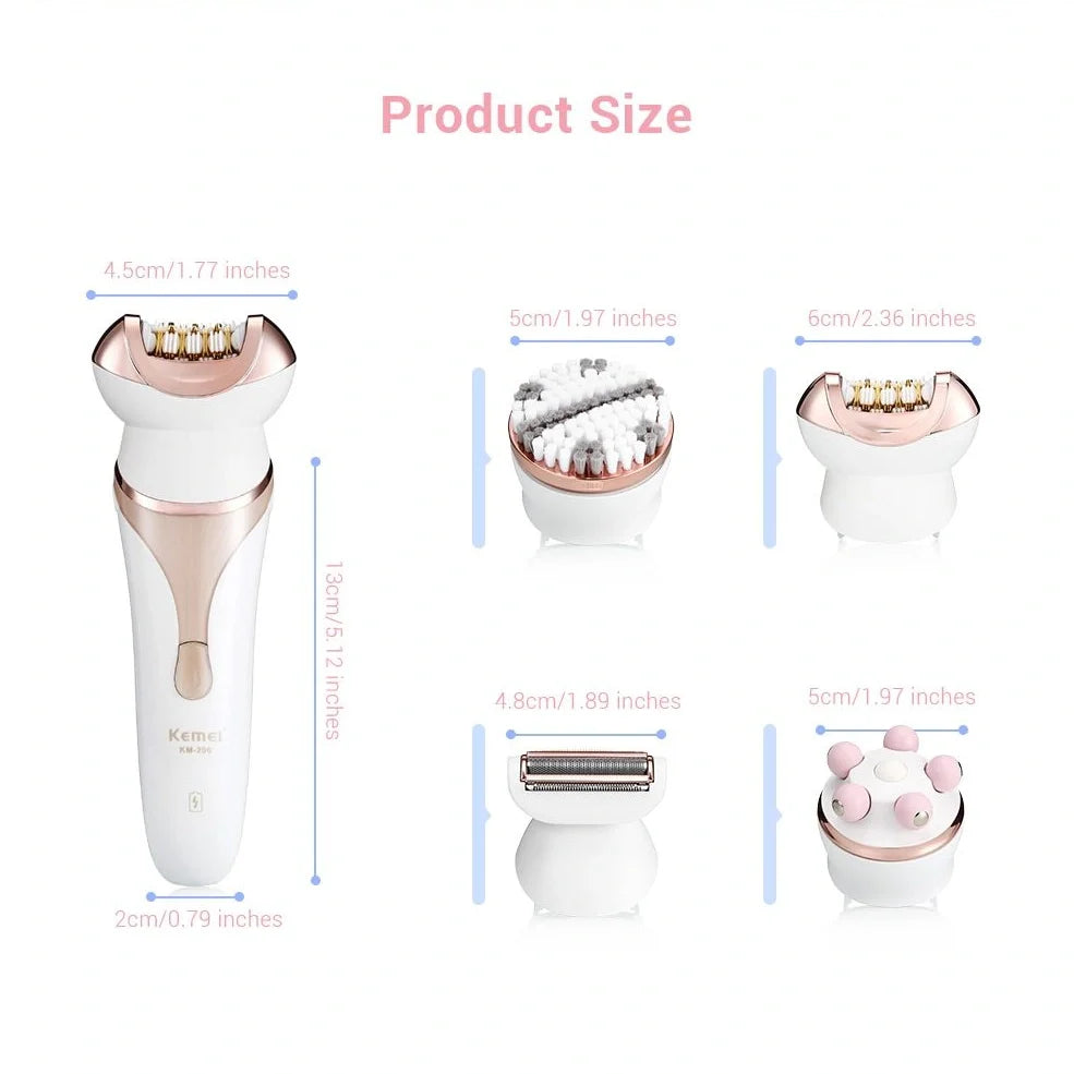 Black 4-in-1 rechargeable electric shaver epilator with four interchangeable heads for hair removal and facial care