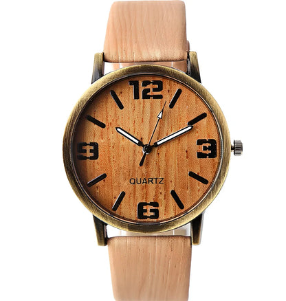 Wood grain style quartz wrist watch with 40.5mm round dial, 11mm thick metal case, and plastic strap - precise timekeeping accessory
