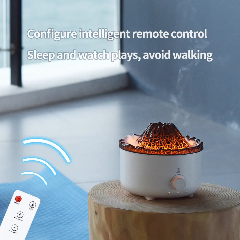 Small white volcano-shaped humidifier with simulated flame lighting and remote control