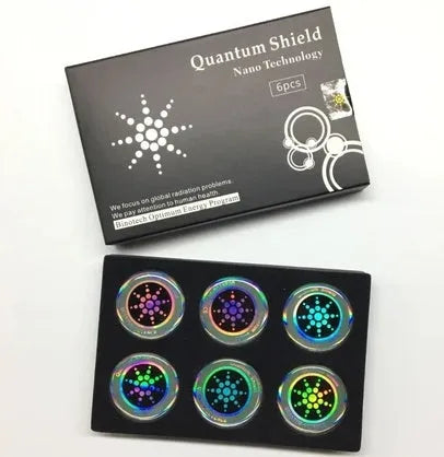 Box of 6 anti-electromagnetic wave stickers for mobile phones in gold and silver colours