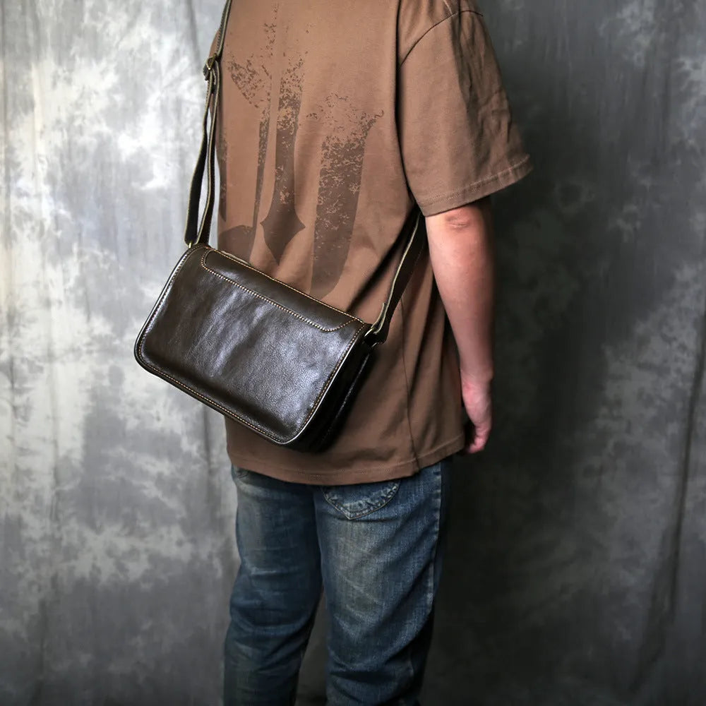 Men's genuine leather crossbody shoulder bag handmade top grain leather solid colour patchwork olive green casual travel