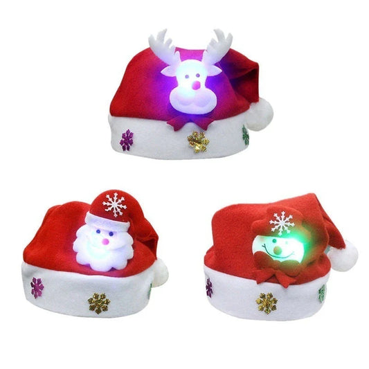 Christmas LED Luminous Hat in red with cartoon applique, available in child and adult sizes