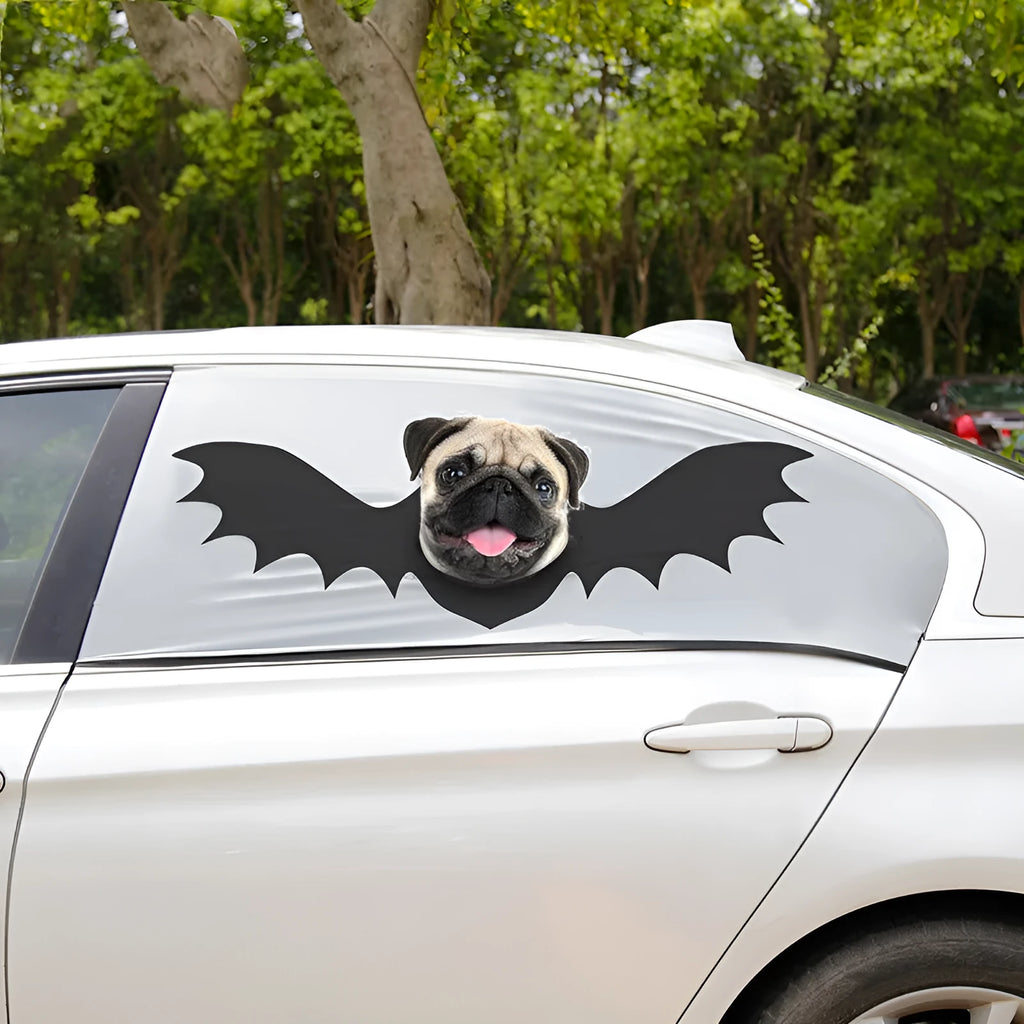 Grey polyester car sun shade with bat pattern and dog head hole on car window