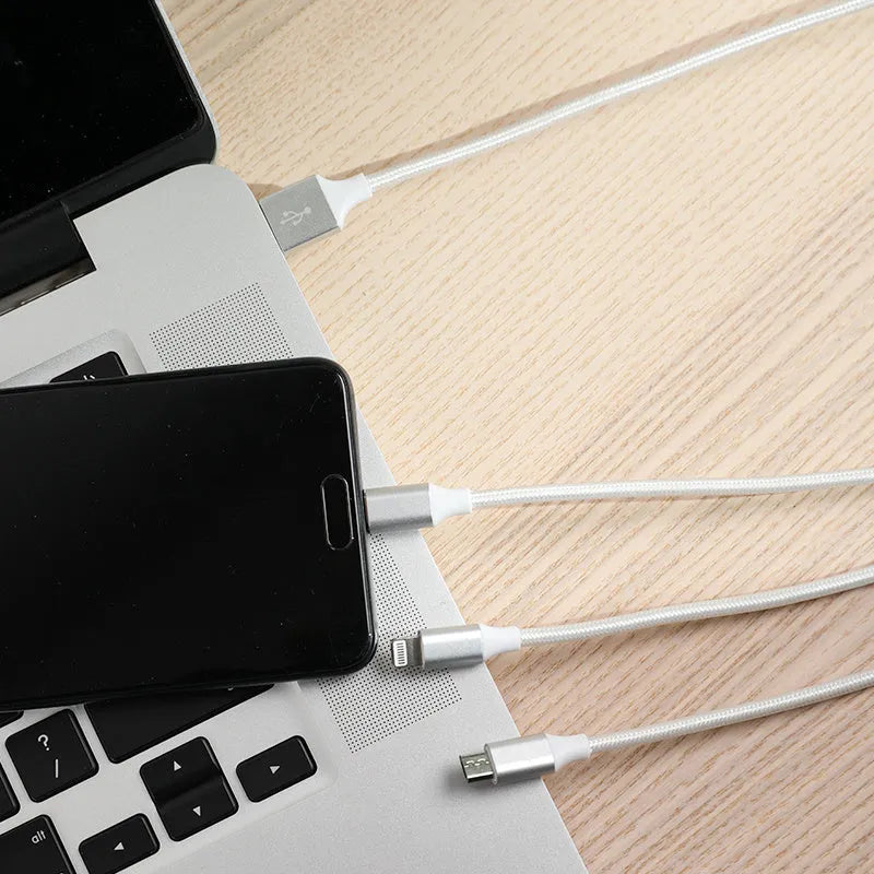Type-C three-in-one data cable in white with nylon braided wire, 2 metre length, three charging heads