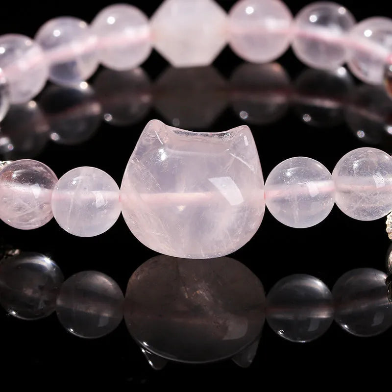 Women's crystal cat head bracelet with natural gemstones and copper charm
