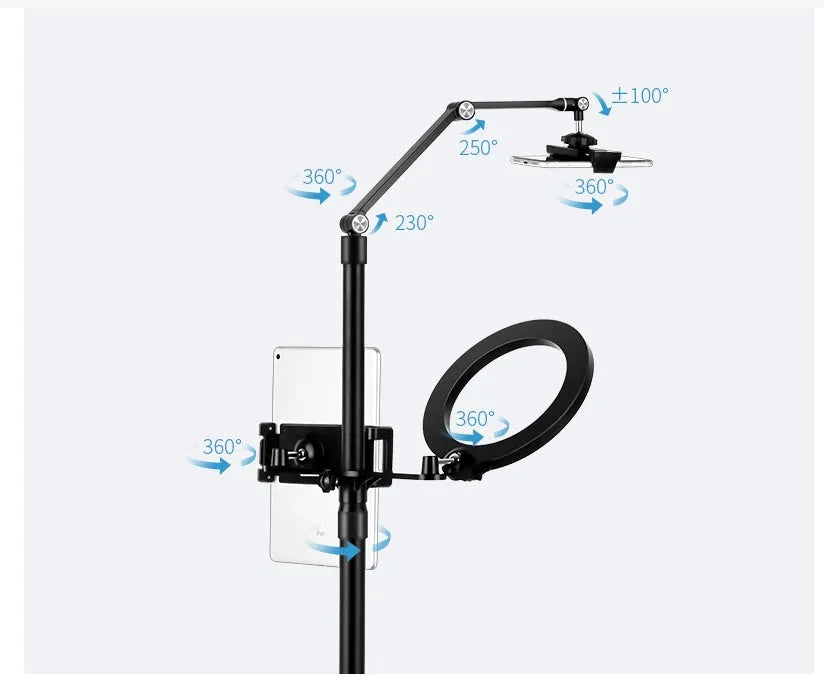 Black floor-standing phone tablet stand with two LED fill lights in vertical folded position