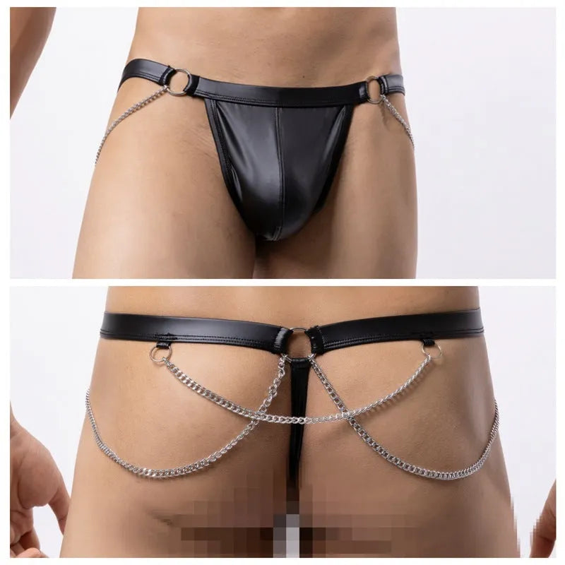 Black patent leather-look men's thong underwear with a metal chain detail on the front.