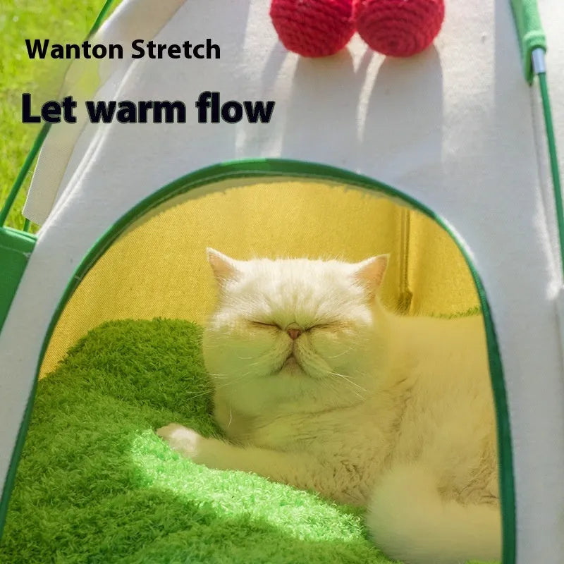 Dome-shaped cloth cat tent with optional thick mat pad for four-season use as pet bed or cage