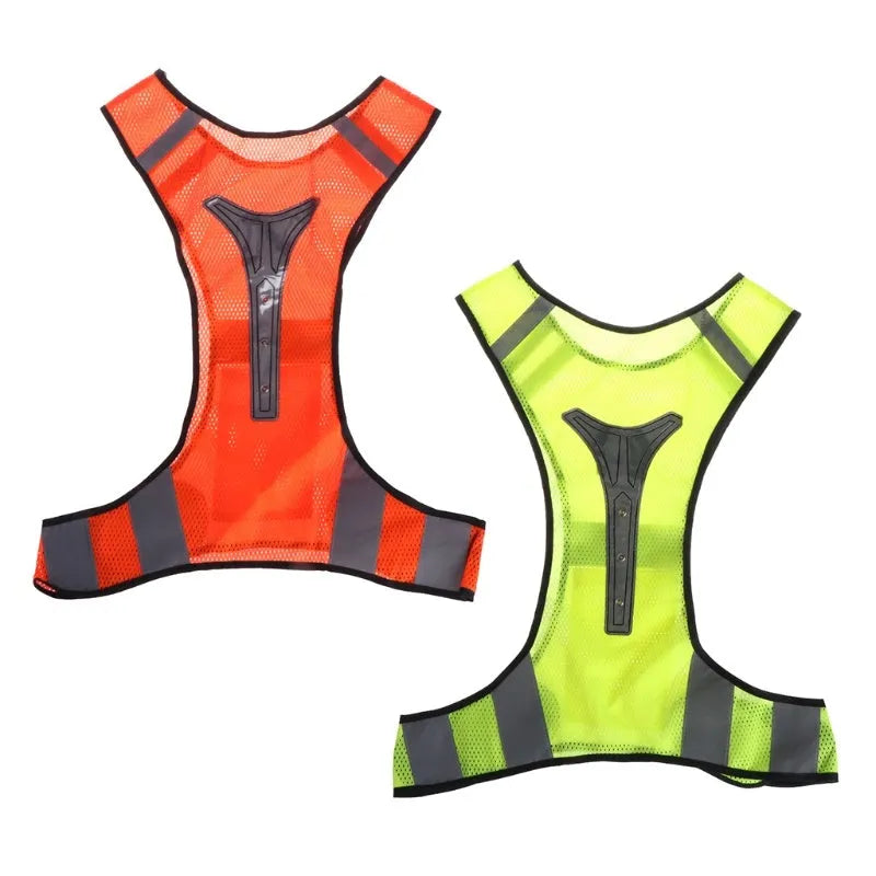 Fluorescent yellow LED reflective safety vest with red lights and mesh material for night cycling