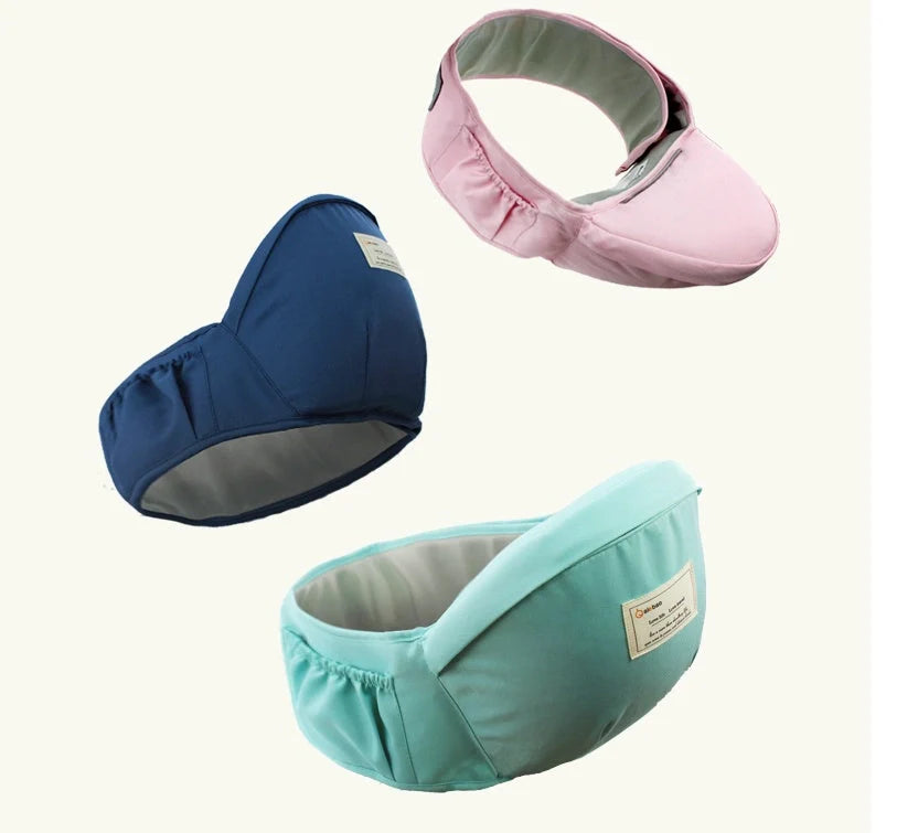 Multi-functional baby waist stool in various colours, designed for infants aged 3-36 months with a 20kg load capacity.