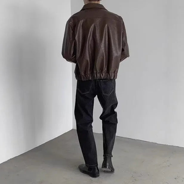 Korean-style brown PU leather jacket with straight hem, shown front view, available in sizes M to XXL