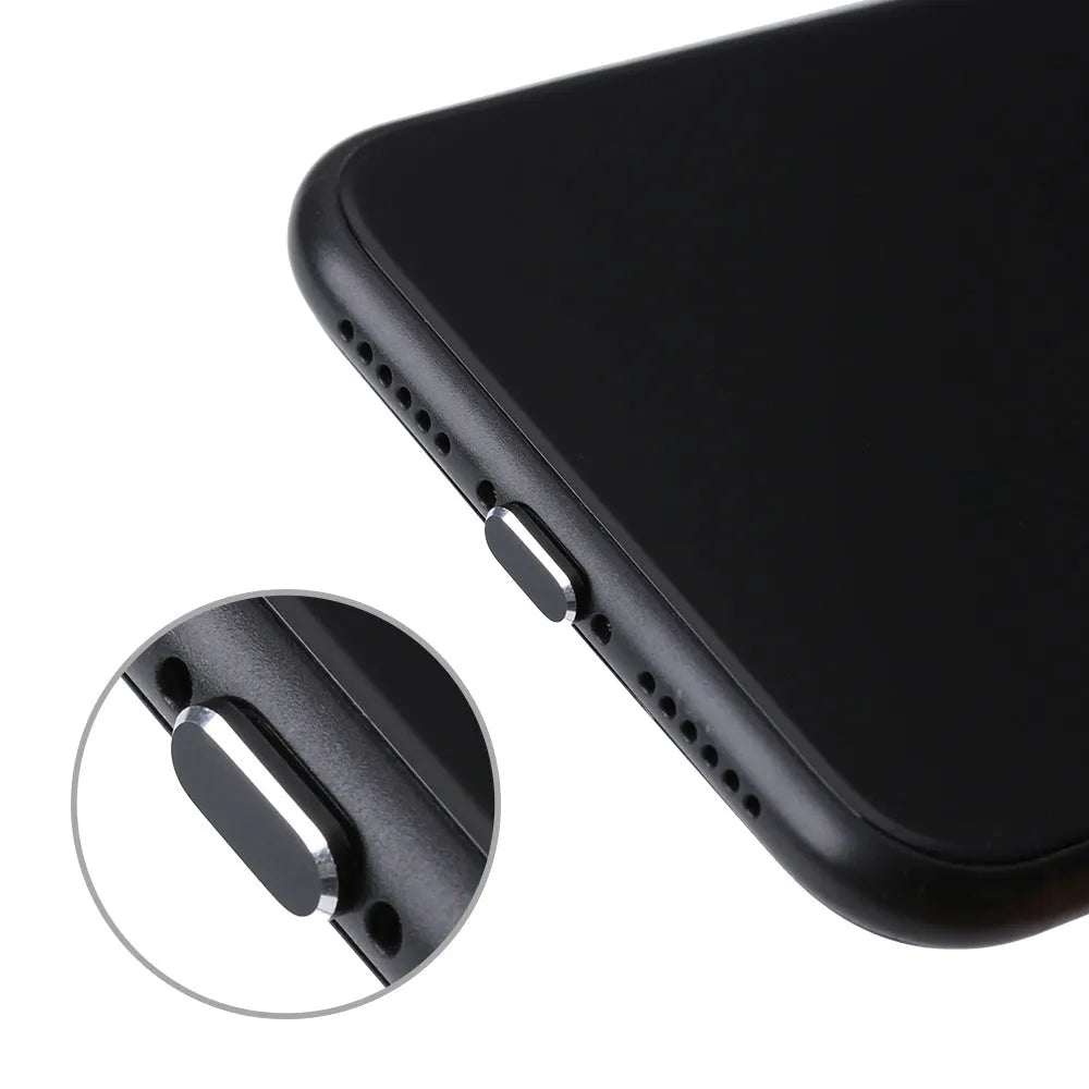 Aluminium alloy iPhone charging port dust plug in silver, shown next to an iPhone.