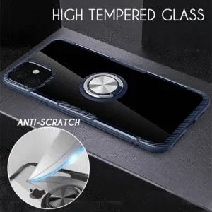 Black PU protective back cover case for iPhone mounted in a car holder, showing full access to charging port and buttons.
