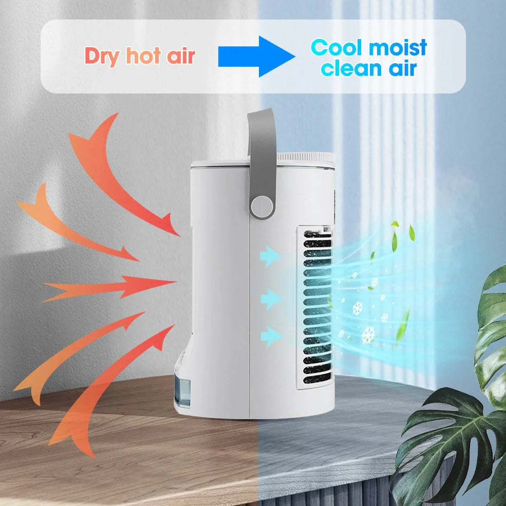 Compact white USB mini air cooler with humidification spray function and control button