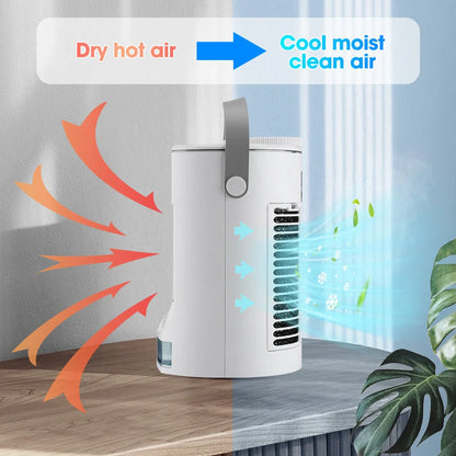 Compact white USB mini air cooler with humidification spray function and control button