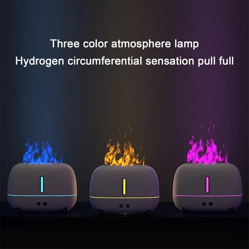 Dark grey flame humidifier with realistic orange LED light and mist output on a wooden table
