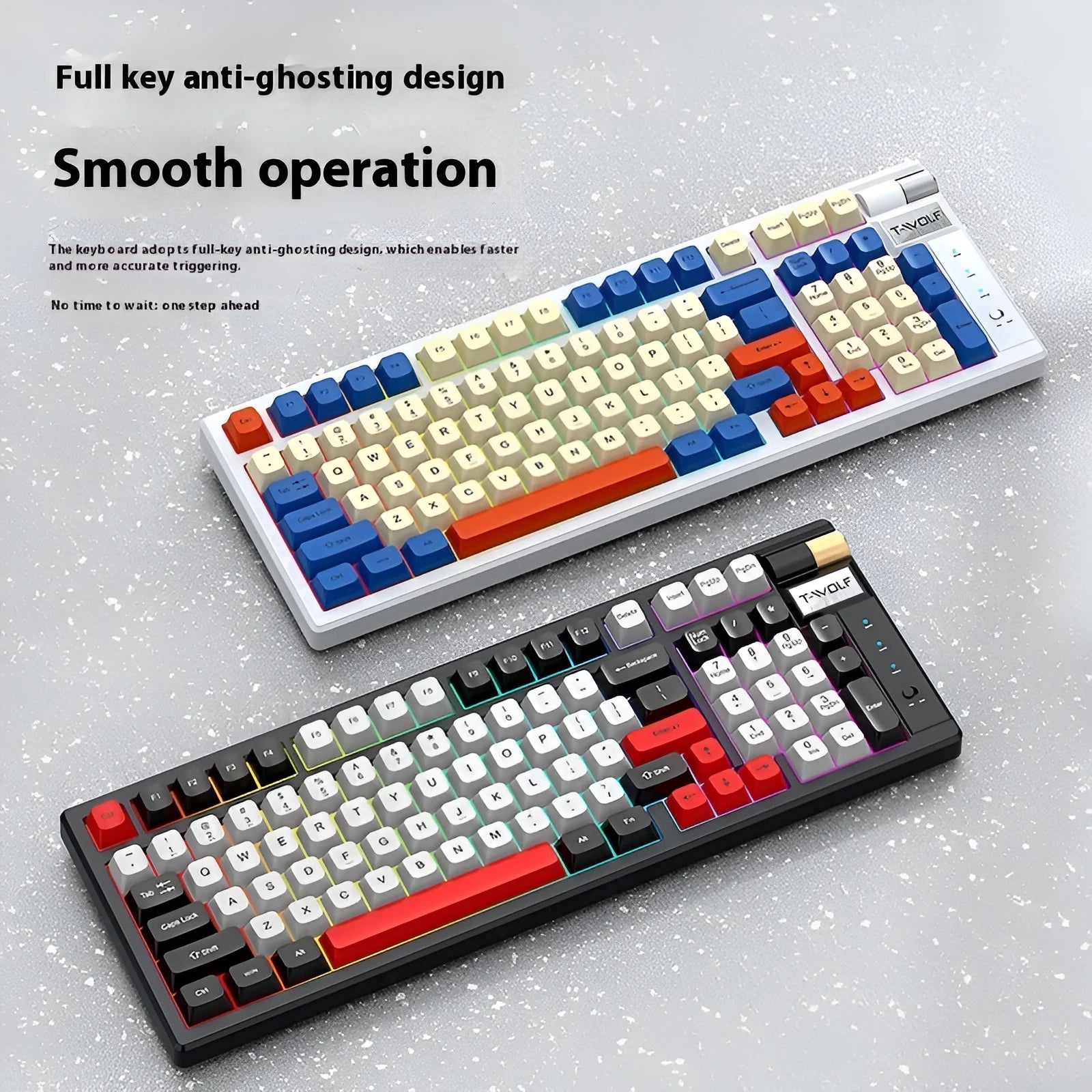 Bluetooth mechanical gaming keyboard with USB-C charging port and dual-colour Blue Orange or Black And Red options