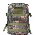 Camouflage pattern waterproof outdoor rucksack with dimensions 30x15x46cm showing air pillow belt system