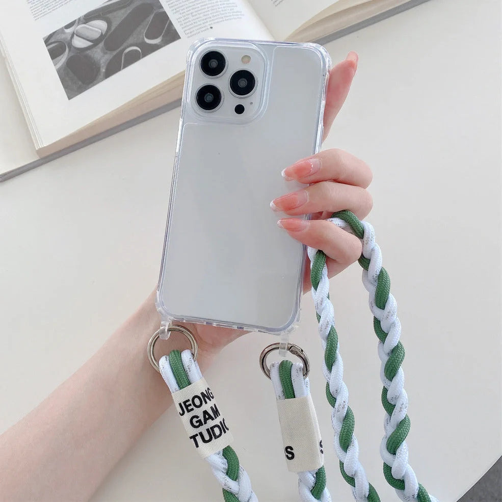 Woven fabric silicone phone case with cross-body lanyard in pink, purple, or antique white colours