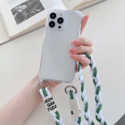 Woven fabric silicone phone case with cross-body lanyard in pink, purple, or antique white colours