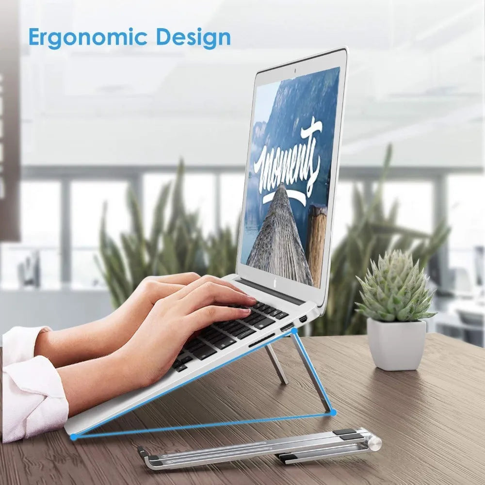 Aluminium laptop stand in black or silver, showing its 26 cm wide bracket design.