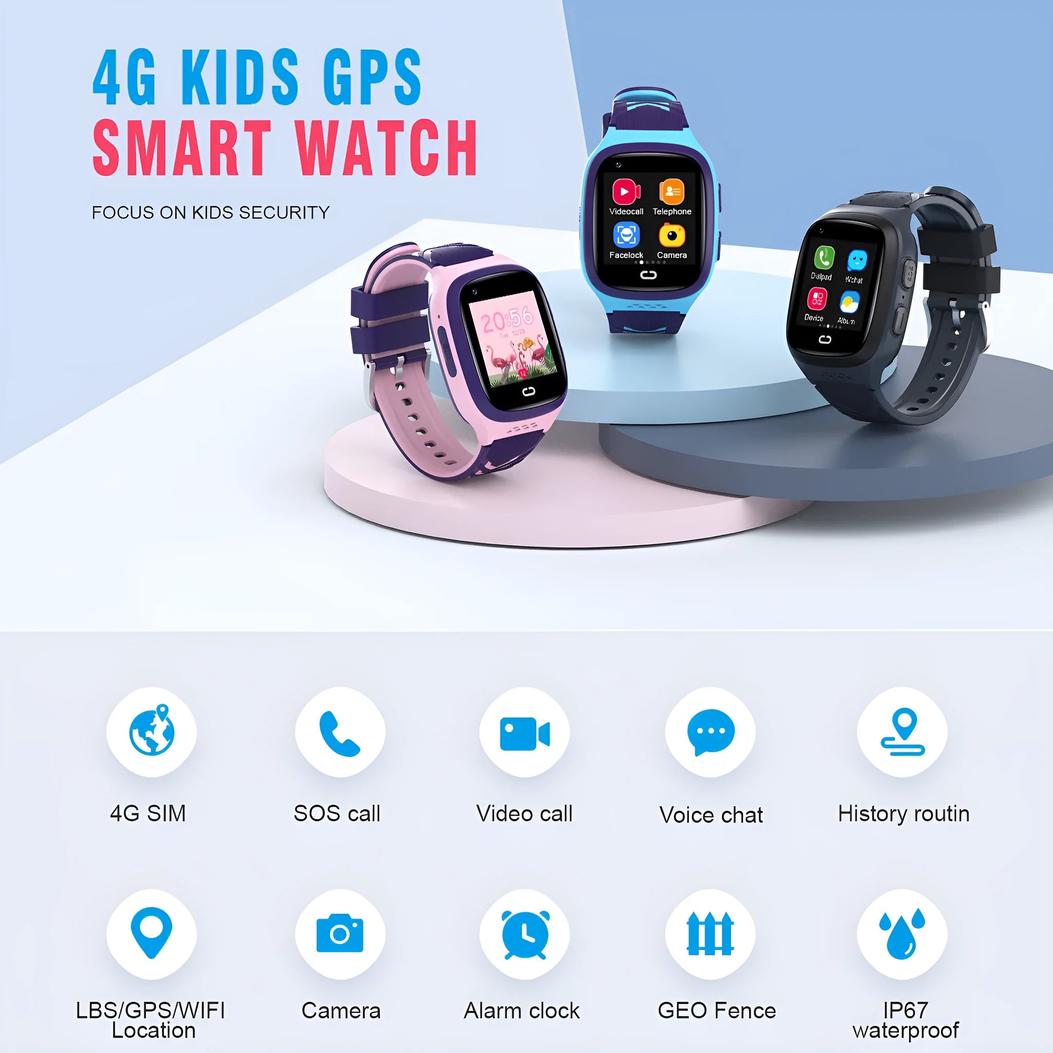 4G children's GPS smart watch with 1.4-inch touch screen, black colour, showing electronic fence and video call features
