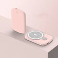Magsafe magnetic wireless power bank in Barbie Pink colour showing creative design plastic case.