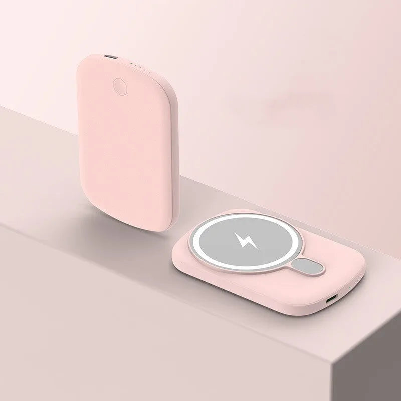 Magsafe magnetic wireless power bank in Barbie Pink colour showing creative design plastic case.