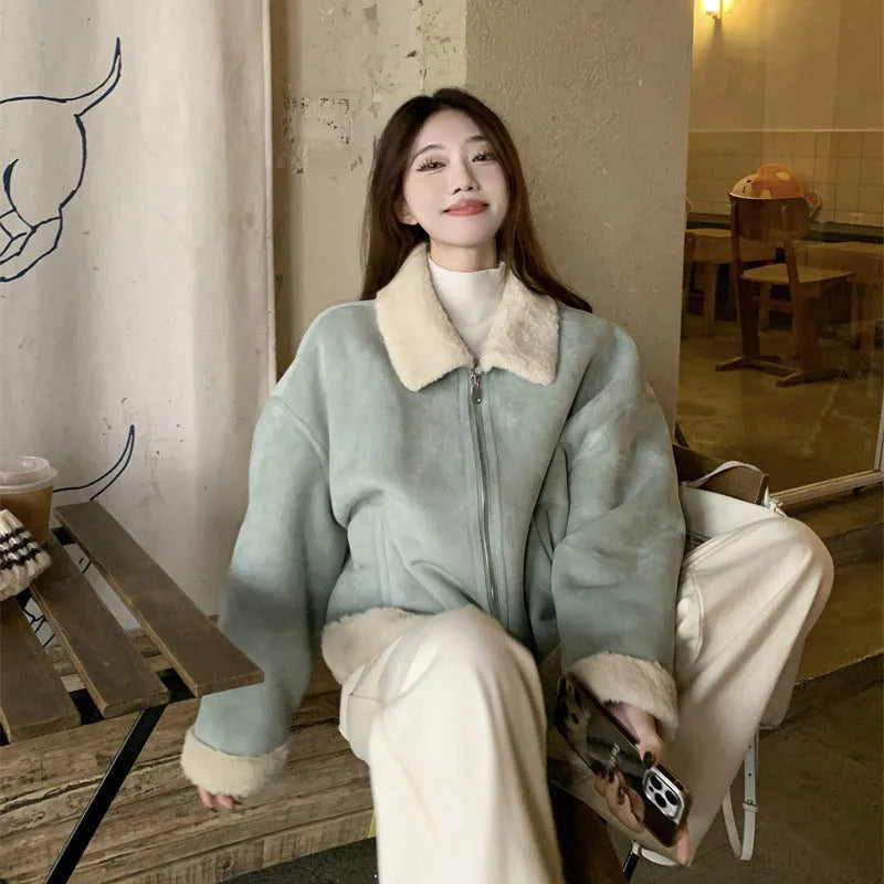 Korean-style loose fit thick chenille coat for women in light blue, distressed detailing, full length front view