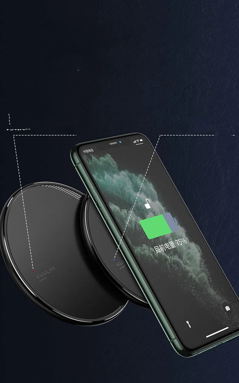 Black Kuulaa wireless disc phone charger with Micro USB port and LED indicator light