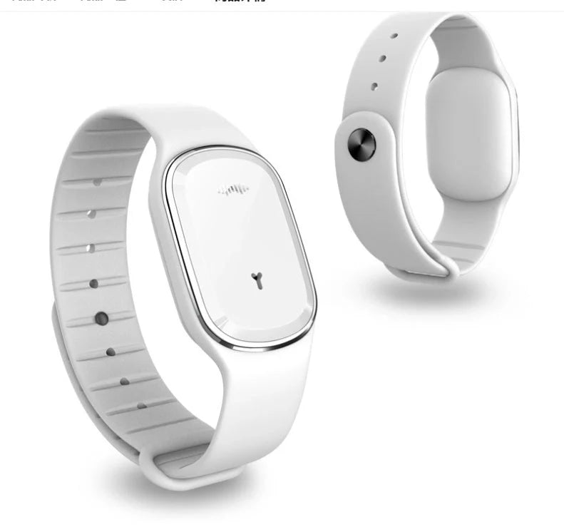 Ultrasonic mosquito repellent wristband in various colours, showcasing waterproof design and optional clock feature.